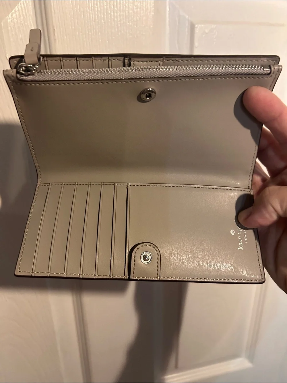 kate spade madison large slim bifold gray leather wallet with gold logo